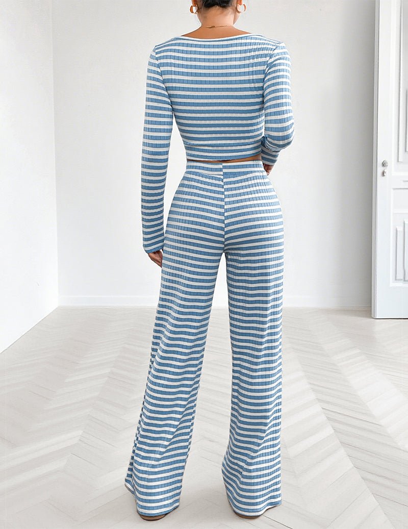 Back view of light blue striped lounge set: long-sleeve crop top and wide-leg pants