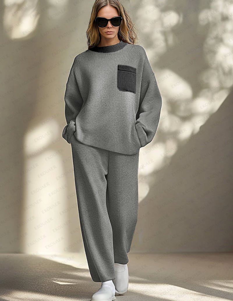 Grey knit lounge set, crewneck sweatshirt with contrast pocket and matching wide-leg pants