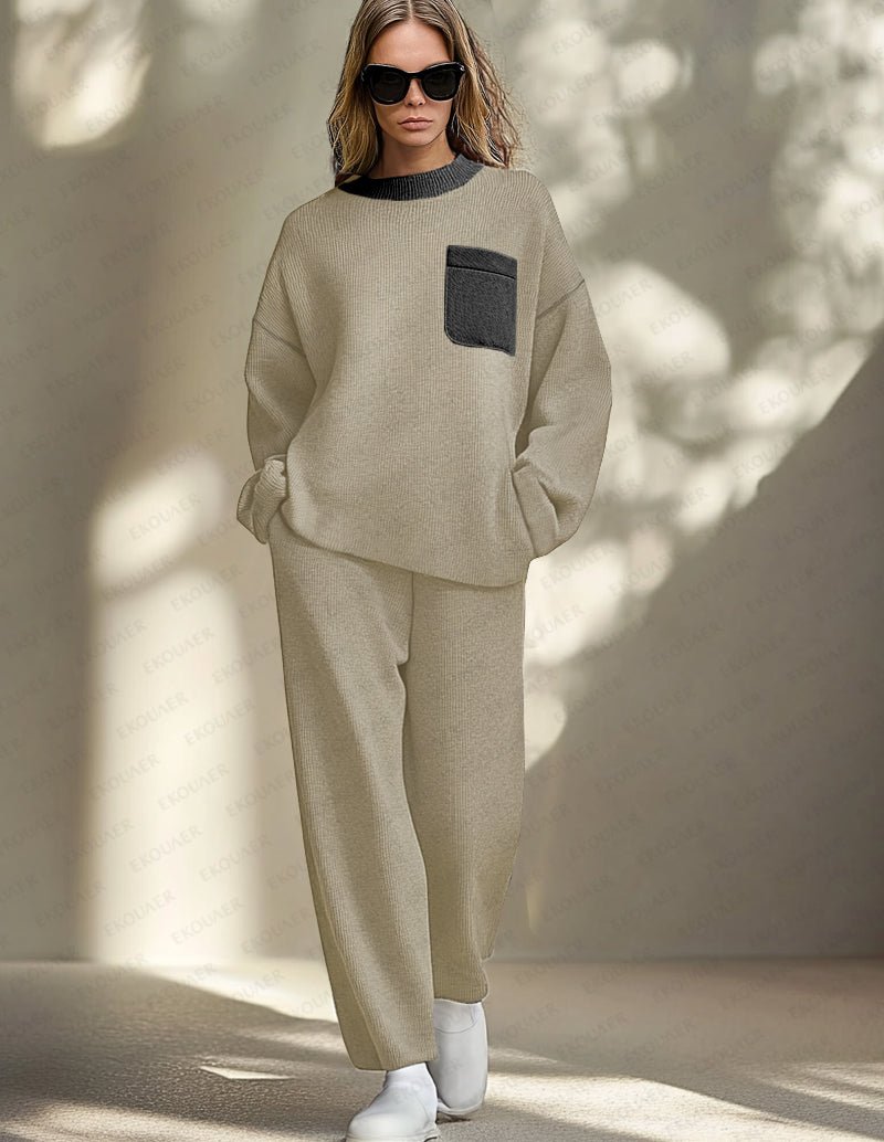 Khaki knit lounge set, crewneck sweatshirt with contrast pocket and matching wide-leg pants
