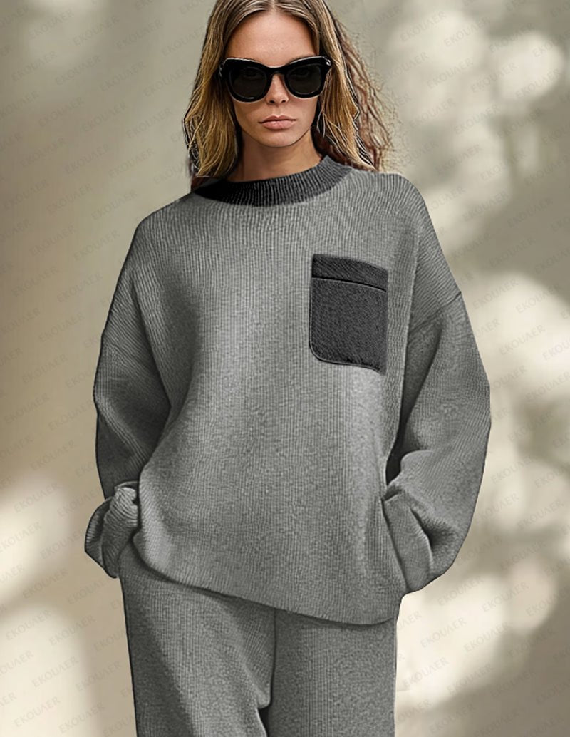Grey knit lounge set, crewneck sweatshirt with contrast chest pocket and matching pants