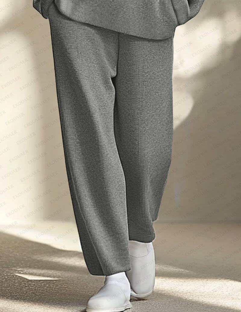 Grey knit lounge pants, relaxed wide-leg fit with side seam details