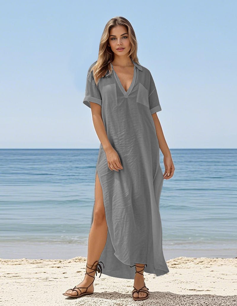 Gray V-neck maxi dress with short sleeves and side slit