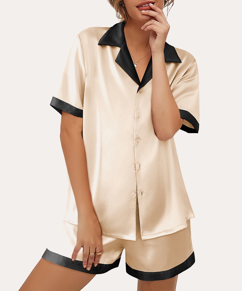 Beige satin button-down pajama set with short sleeves and matching shorts