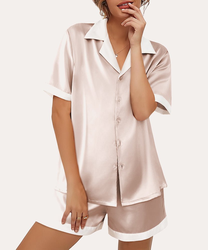 Champagne satin button-down pajama set with short sleeves and matching shorts