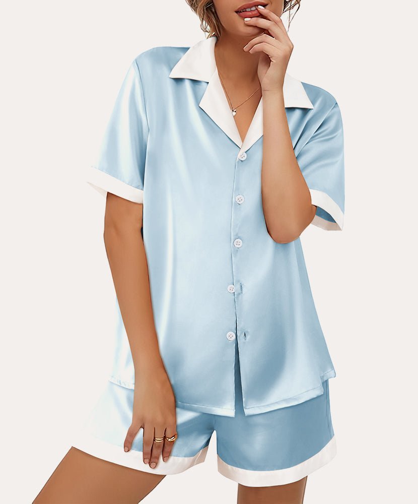 Light blue satin button-down pajama set with short sleeves and matching shorts