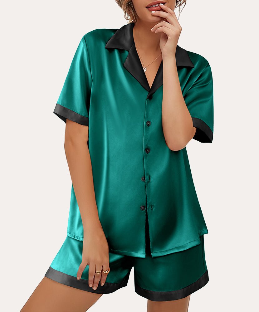Dark green satin button-down pajama set with short sleeves and matching shorts