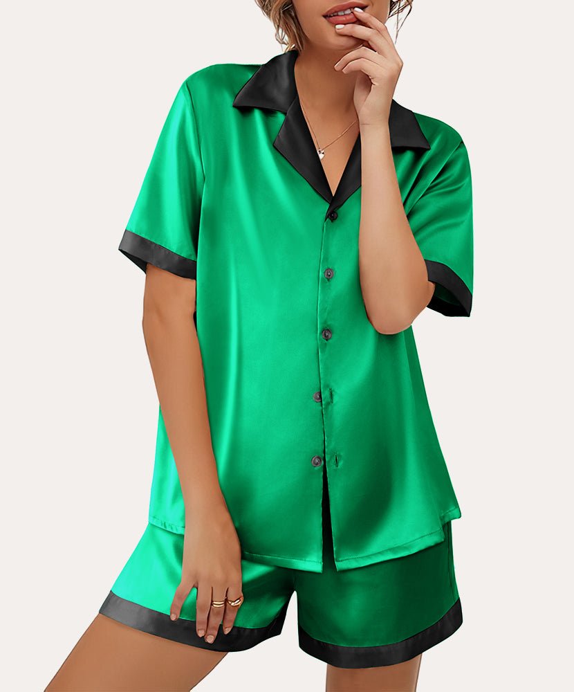 Dark green satin button-down pajama set with short sleeves and matching shorts