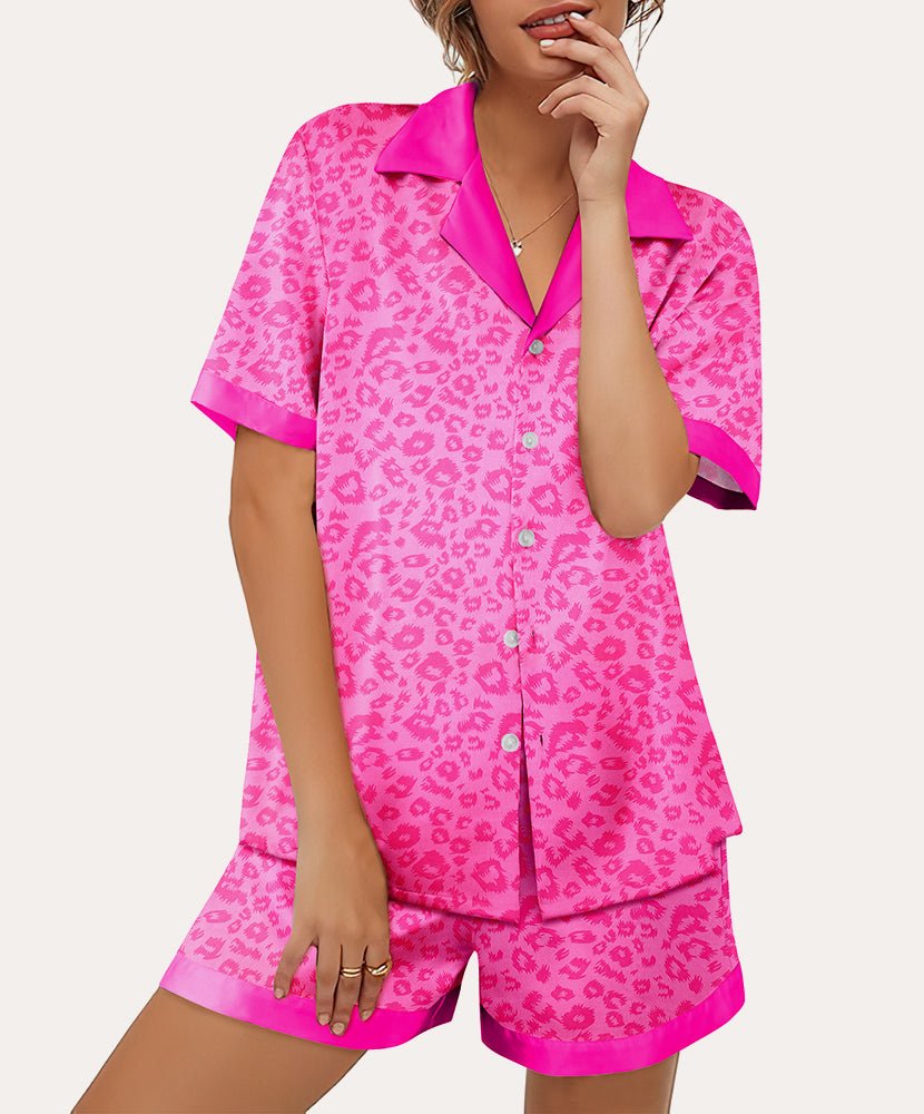 Pink satin leopard-print button-down pajama set with matching shorts