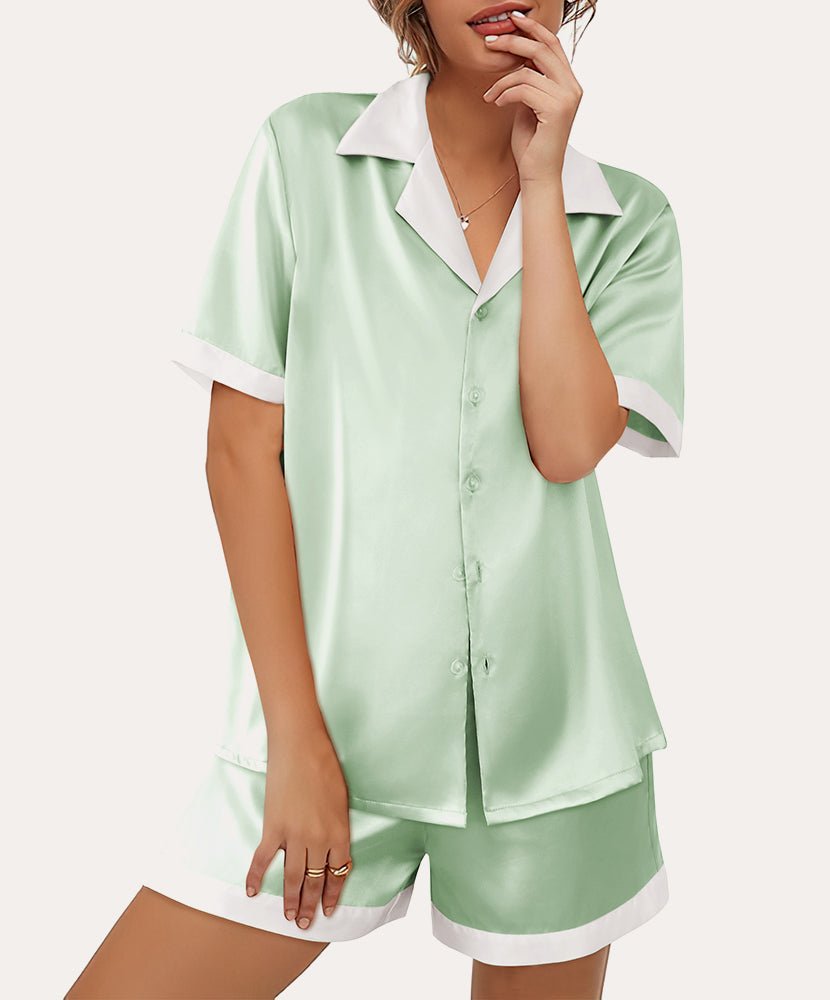 Light mint satin button-down pajama set with short sleeves and matching shorts