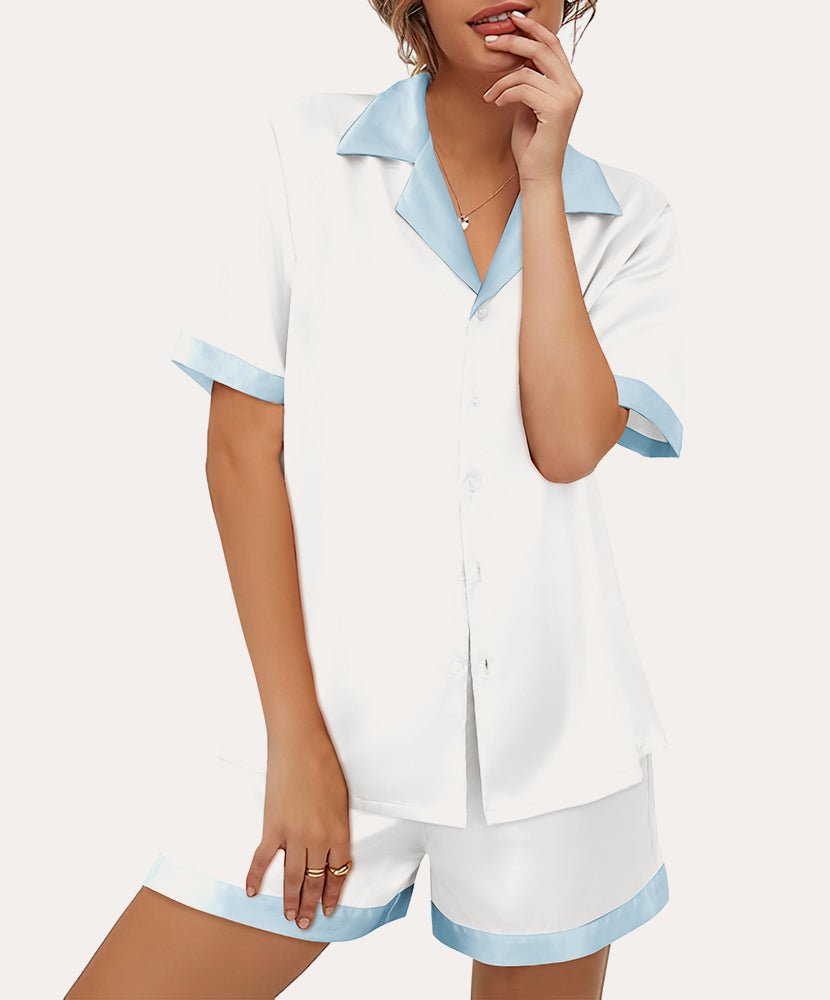White satin button-down pajama set with short sleeves and matching shorts