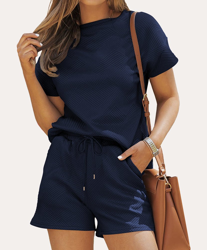 Navy blue textured lounge set with short-sleeve top and drawstring shorts