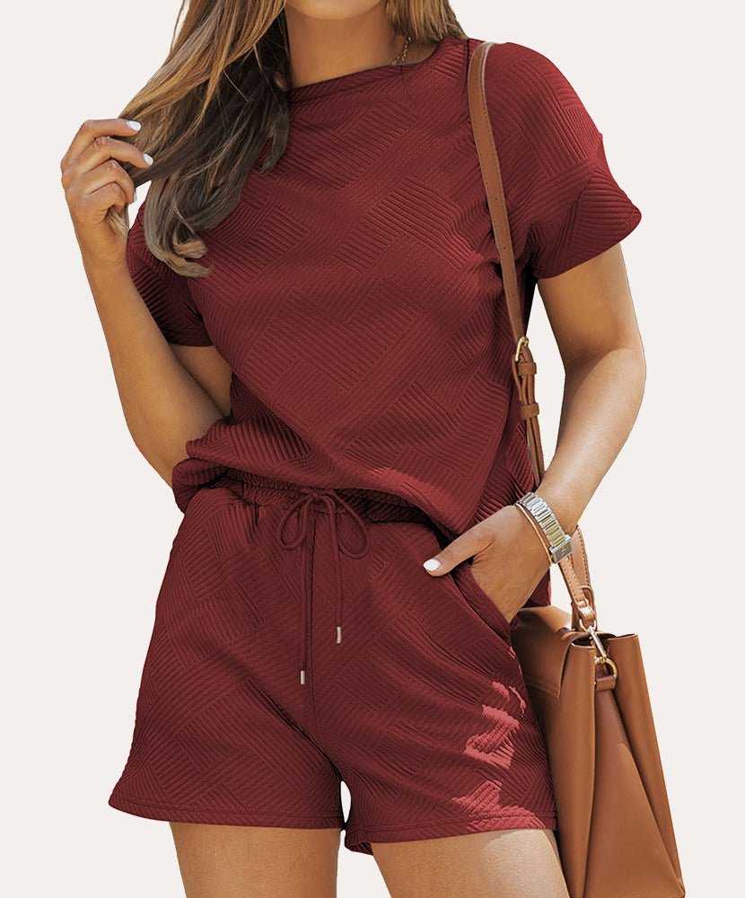 Wine red textured lounge set with short-sleeve tee and drawstring shorts, matching set.