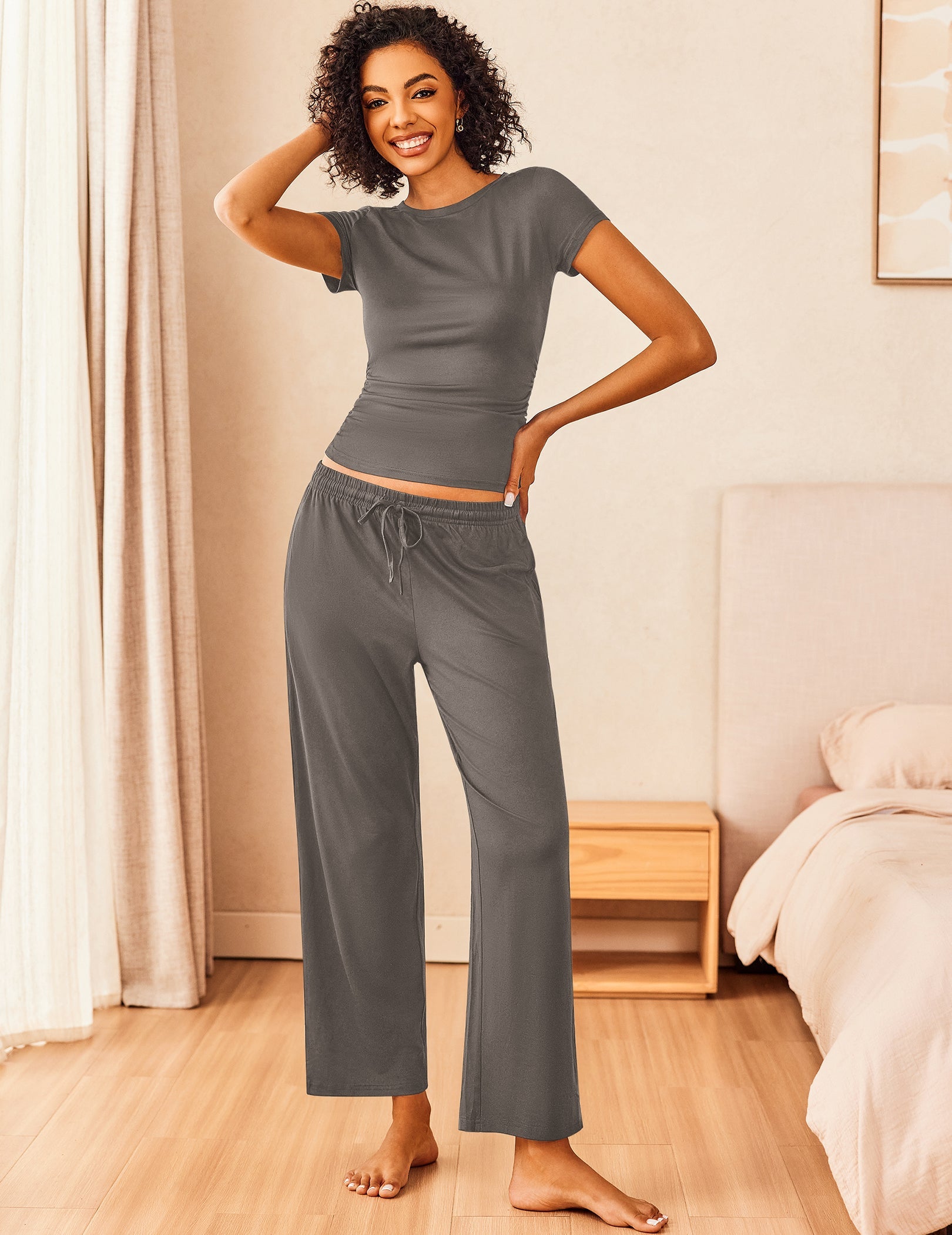 Super-soft lounge set in navy blue: short-sleeve top and wide-leg drawstring pants.