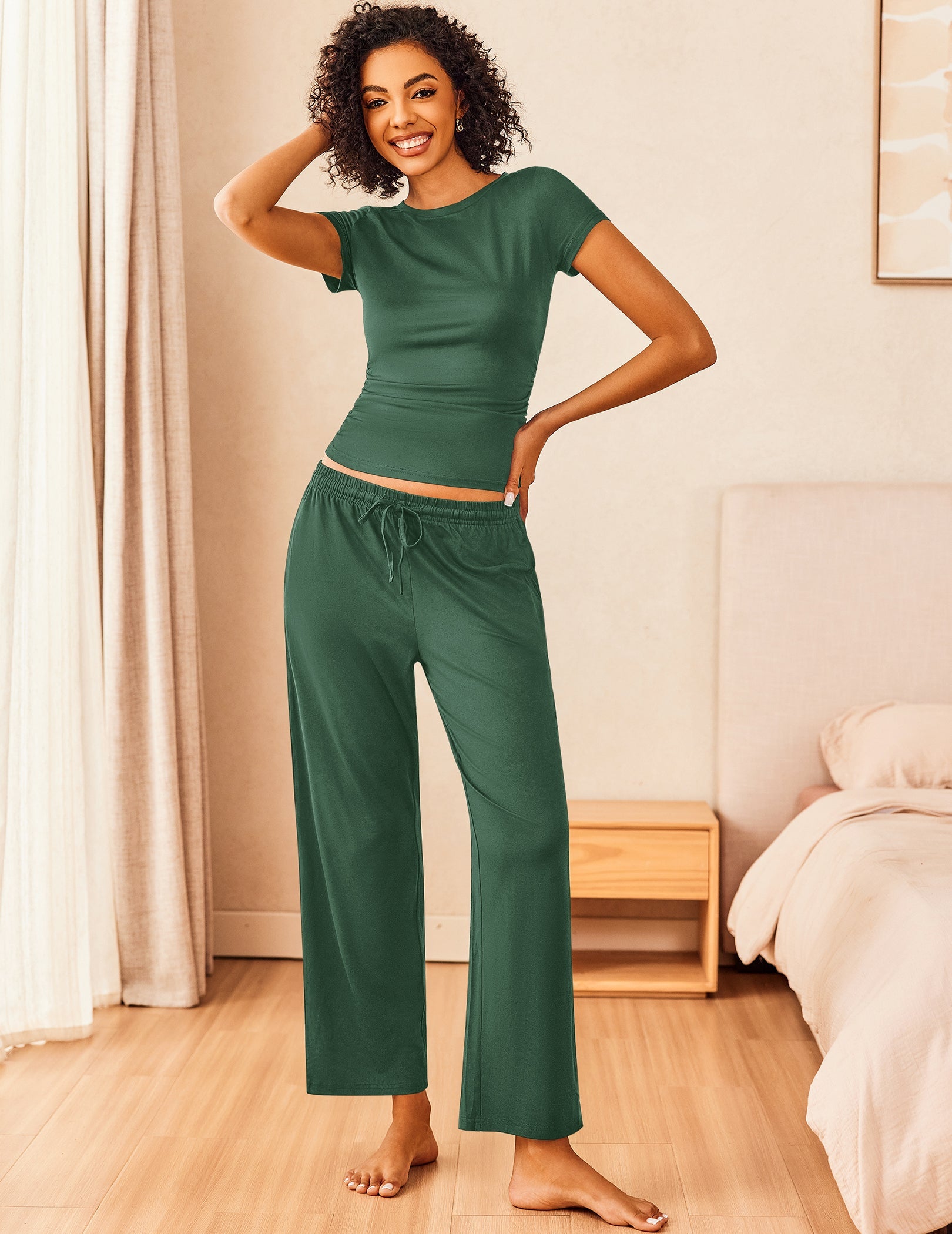 Super-soft lounge set in dark green: short-sleeve top and wide-leg drawstring pants.