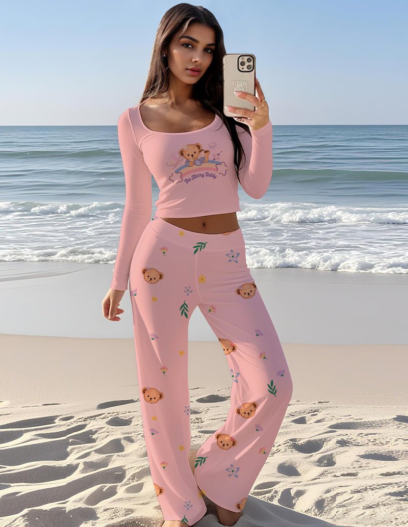 Pink teddy print 2-piece set with long-sleeve crop top and wide-leg pants