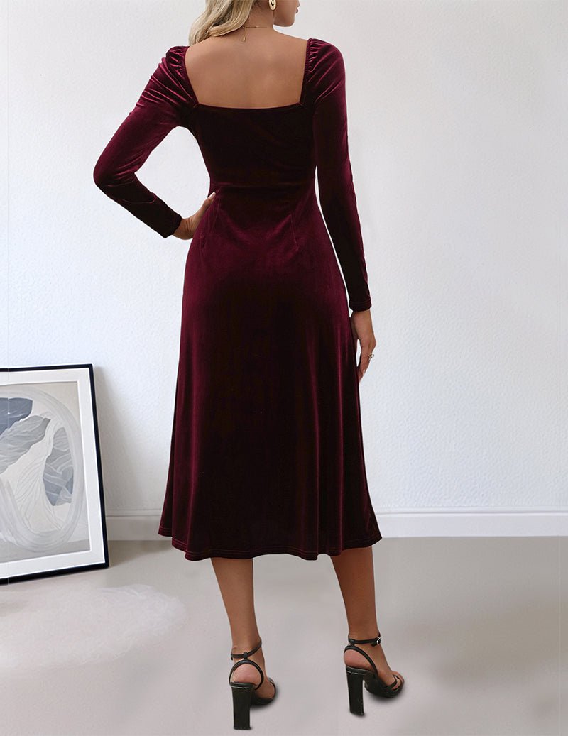 Wine red long sleeve midi dress, square back with gathered waist and flared skirt