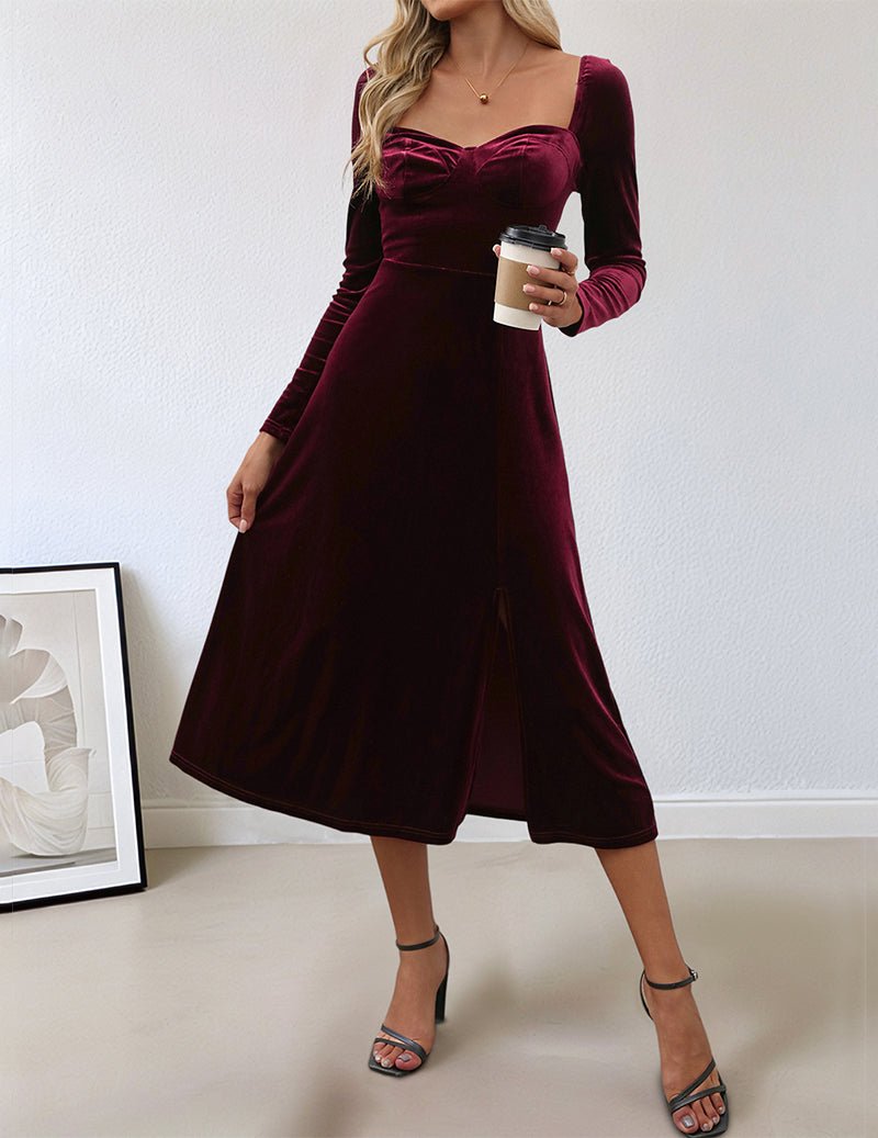 Wine red sweetheart neck long sleeve midi dress, flared skirt and ruched bust
