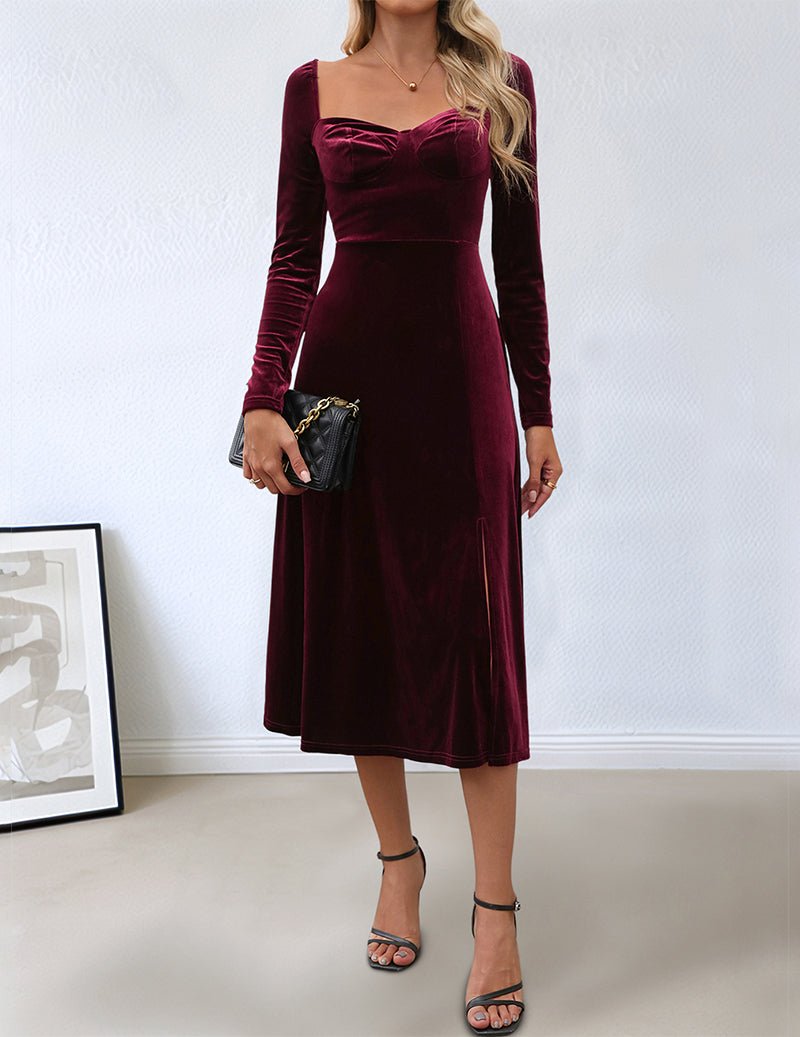 Wine red sweetheart neck long sleeve midi dress, fitted bodice and A-line skirt