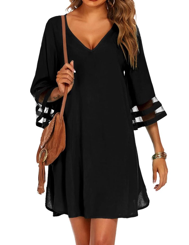 Swimsuit cover-up in black, V-neck with 3/4 bell sleeves and striped ruffle cuffs
