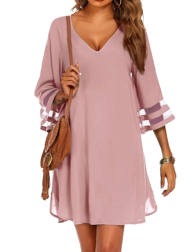 Swimsuit cover-up in dusty pink, V-neck with 3/4 bell sleeves and striped cuffs