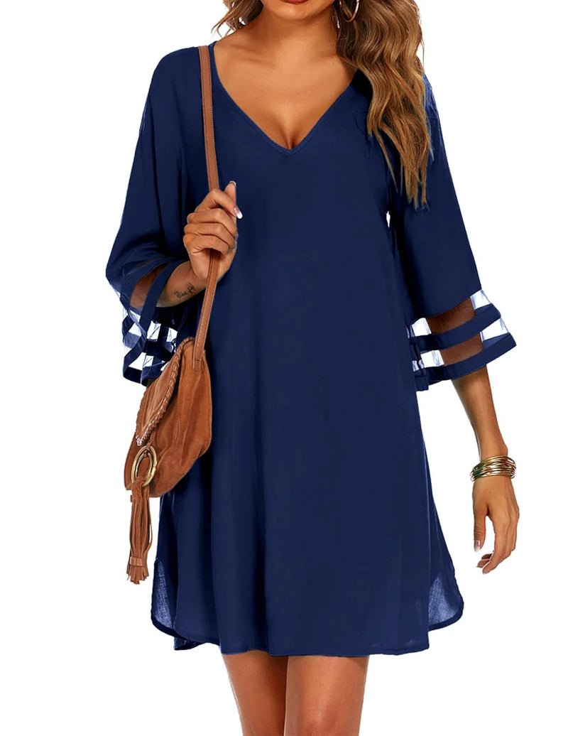 Swimsuit cover-up in navy blue, V-neck with 3/4 bell sleeves and striped cuffs