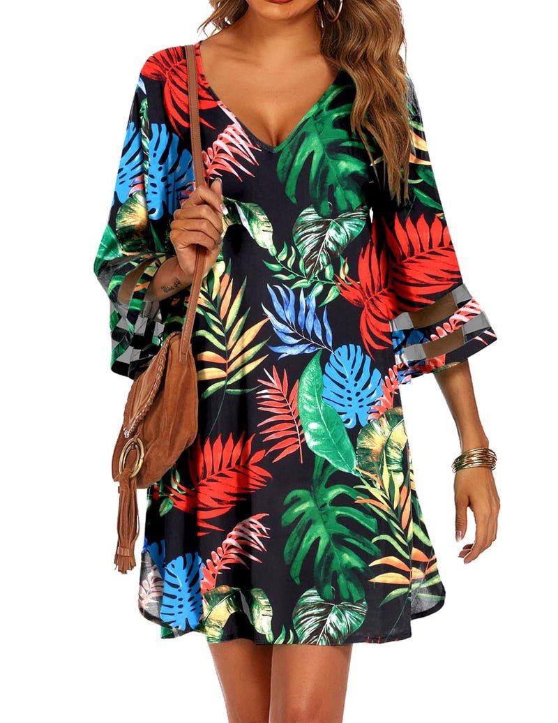 Swimsuit cover-up with colorful tropical leaf print, V-neck, 3/4 bell sleeves
