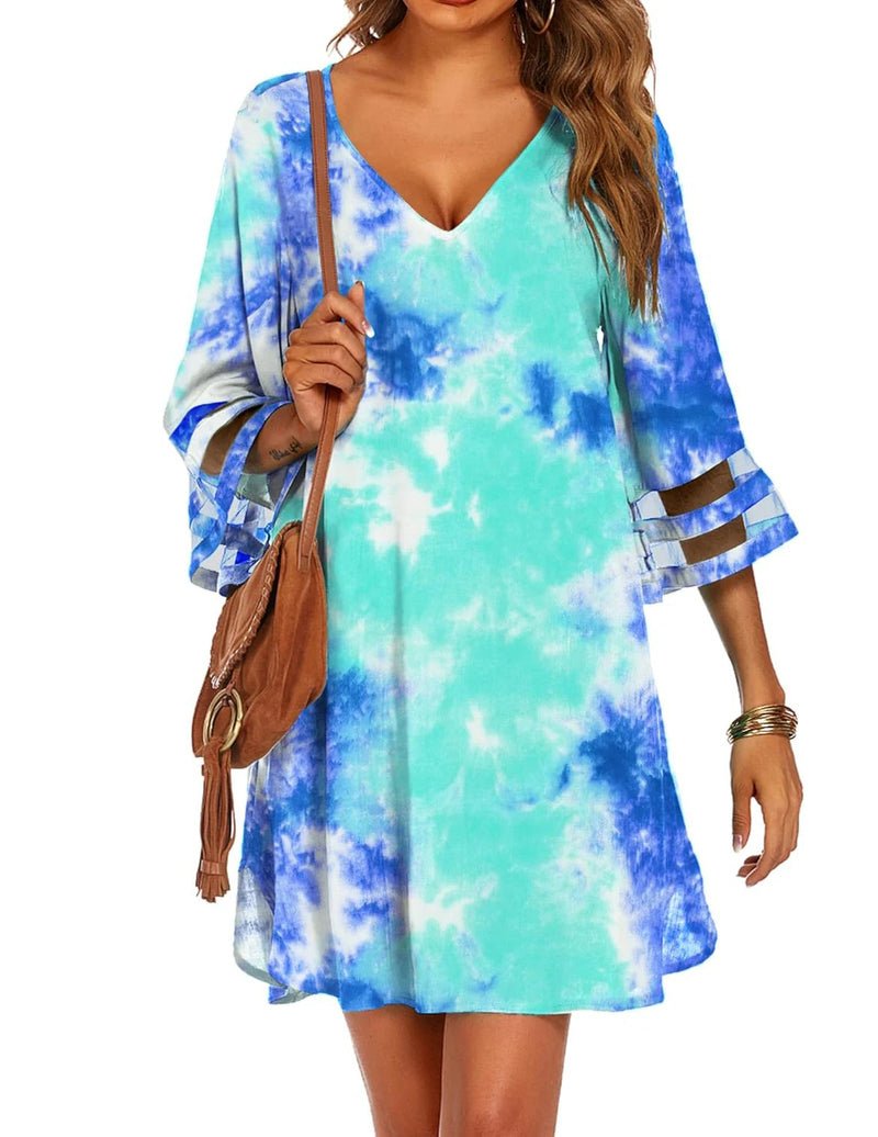 Swimsuit cover-up with blue-green tie-dye, V-neck, 3/4 bell sleeves and striped cuffs