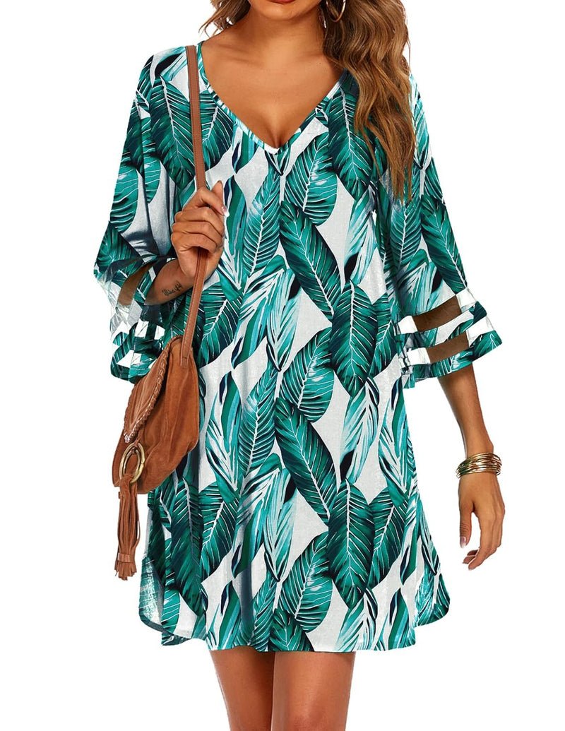 Swimsuit cover-up with green leaf pattern on white, V-neck, 3/4 bell sleeves