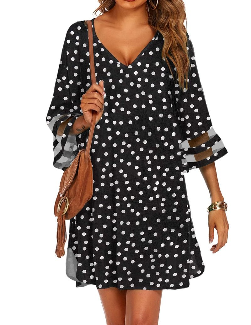 Swimsuit cover-up in black with white polka dots, V-neck, 3/4 bell sleeves