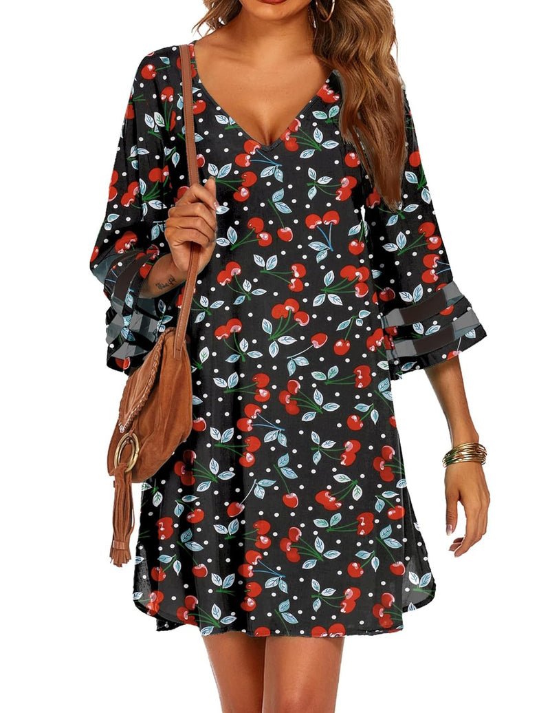 Swimsuit cover-up with red cherry print on dark fabric, V-neck, 3/4 bell sleeves