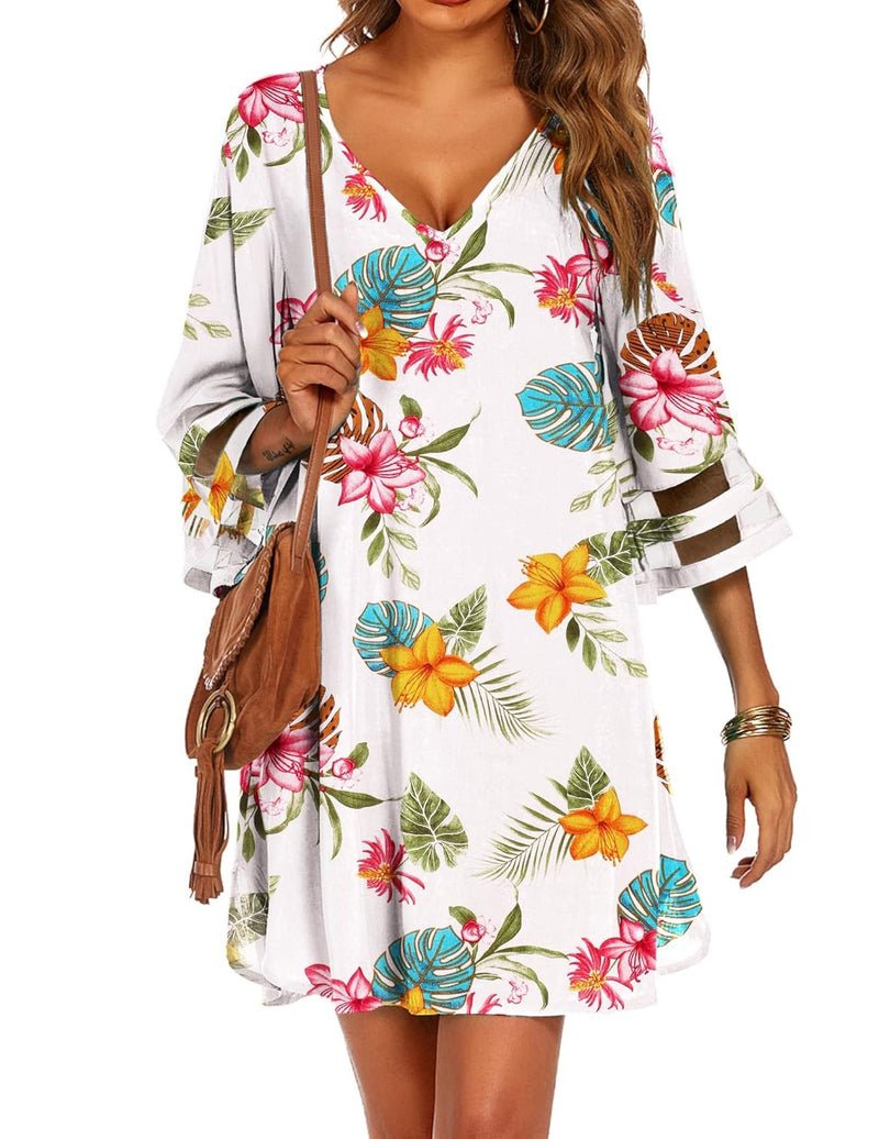 White tropical floral swimsuit cover-up, V-neck, 3/4 bell sleeves