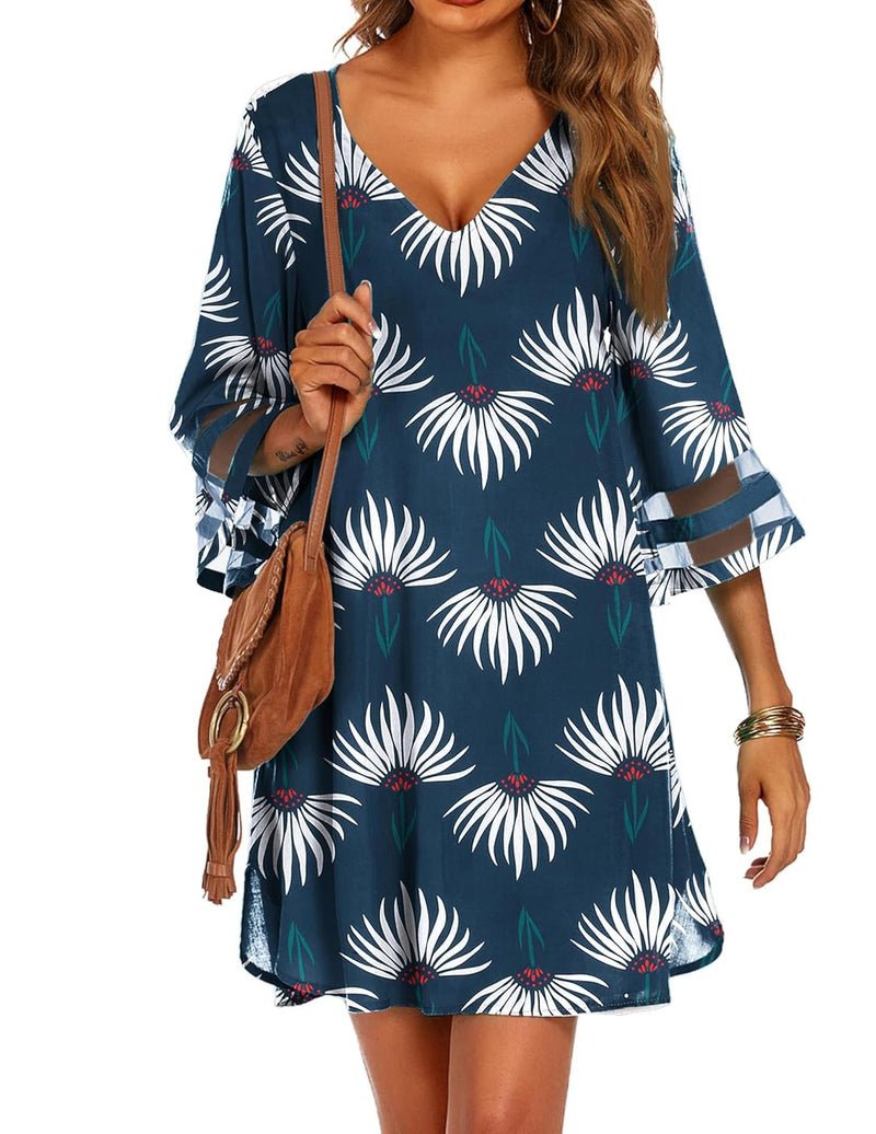 Navy tropical leaf swimsuit cover-up dress, V-neck, 3/4 flared sleeves