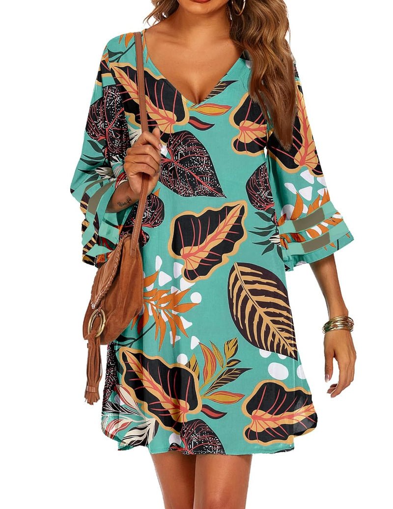 Teal leaf-and-flower swimsuit cover-up, V-neck, 3/4 bell sleeves