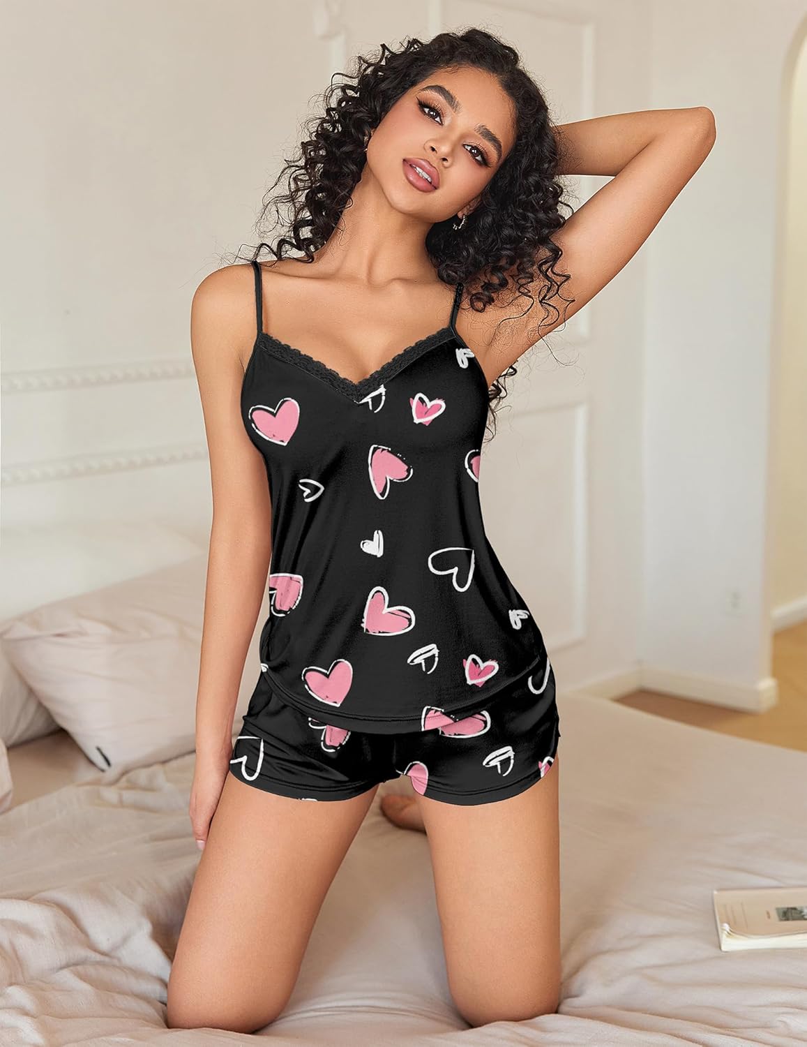 Black heart print sleepwear set, cami top and matching shorts