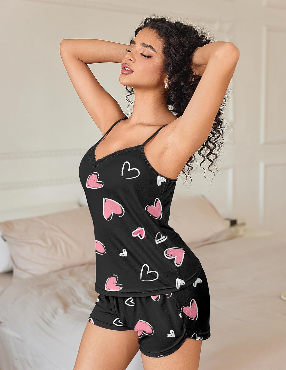 Black heart print pajama cami and shorts set with lace neckline
