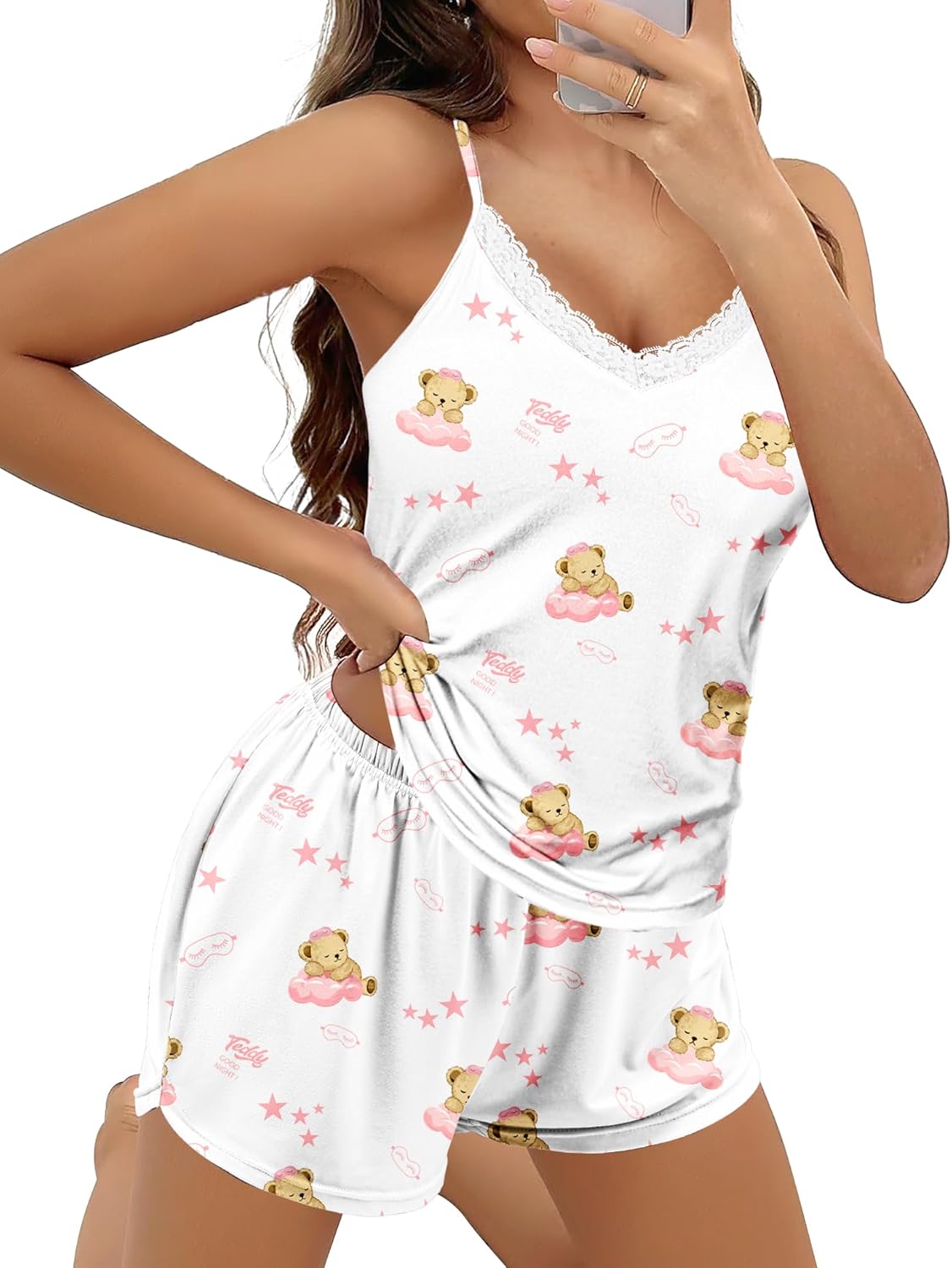 Teddy 2-piece pajama shorts set, white cami and shorts with teddy bears, stars, and lace neckline
