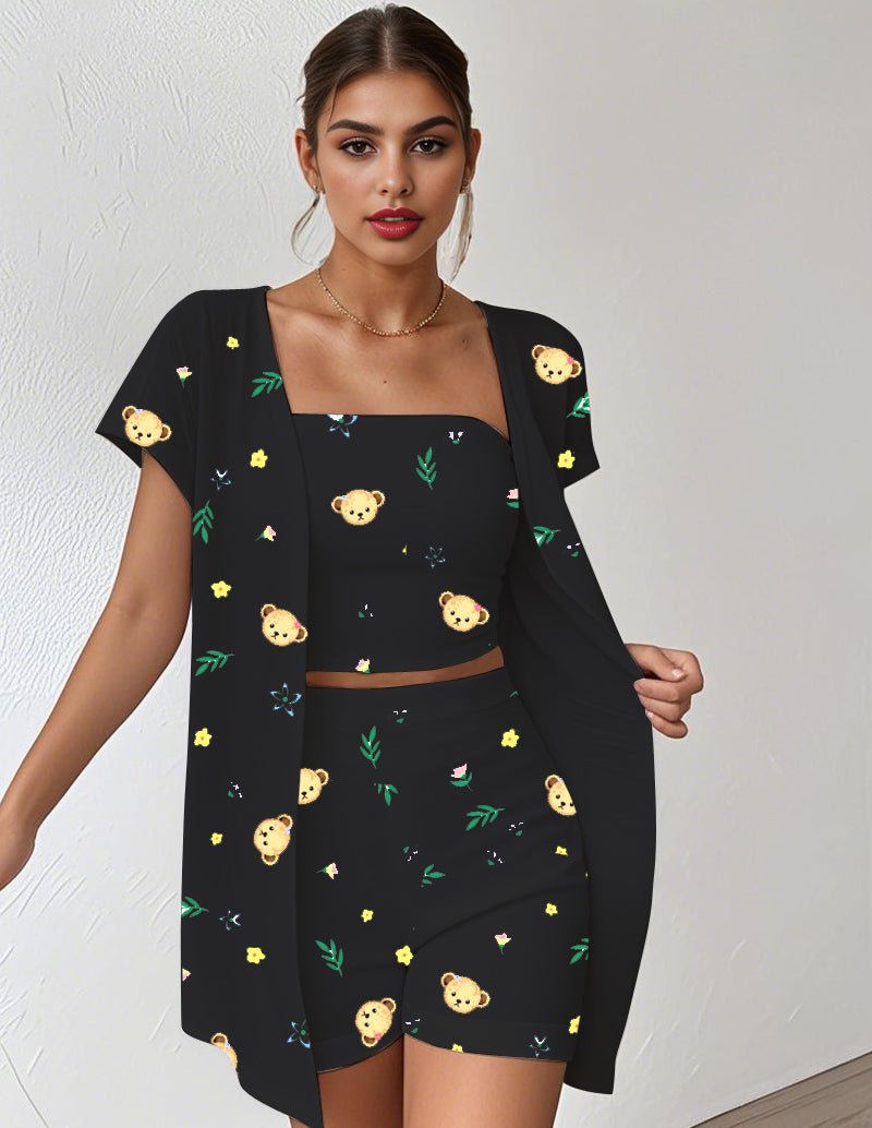 Black teddy bear print 3-piece outfit with cropped square-neck top, shorts, and open cape