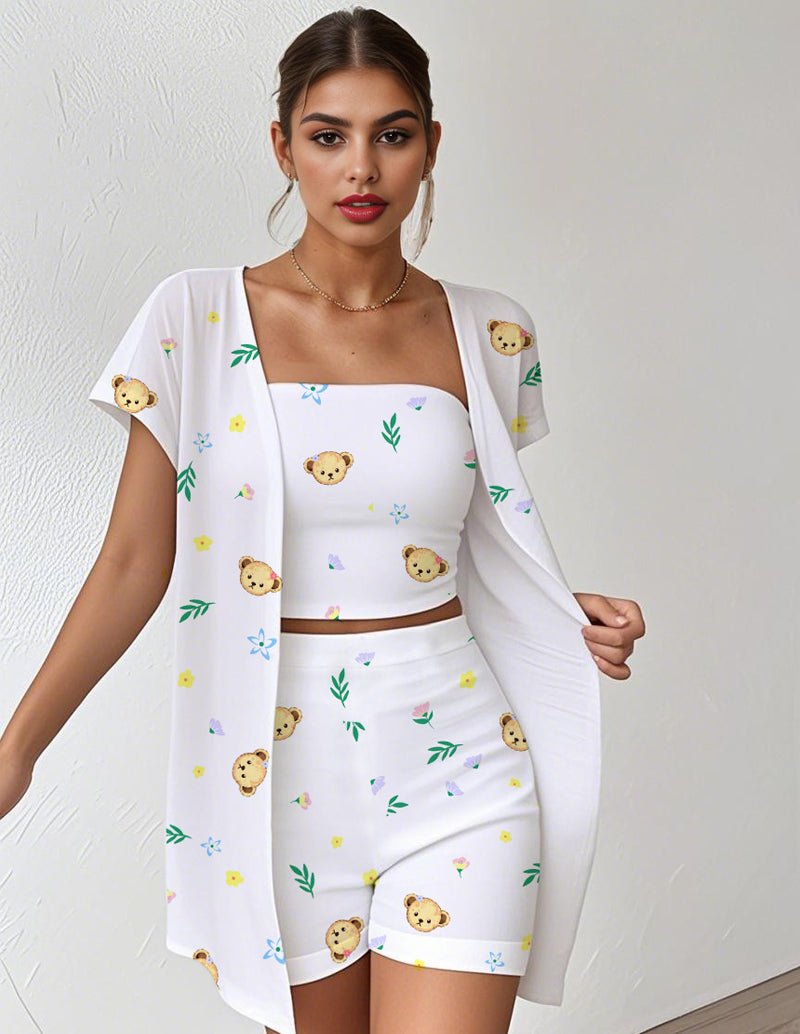 White teddy bear print 3-piece outfit with cropped square-neck top, shorts, and open cape