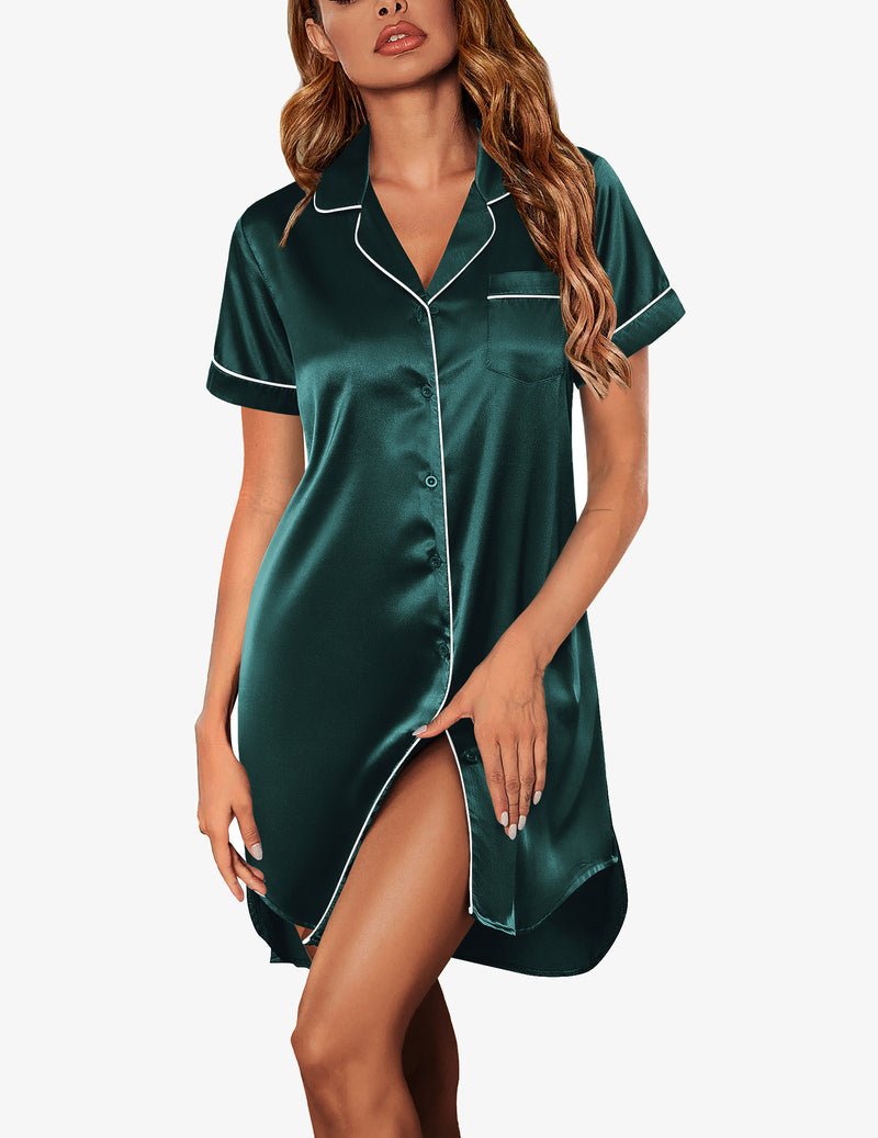 Dark green satin notch-collar nightshirt, contrast piping, button front, pocket