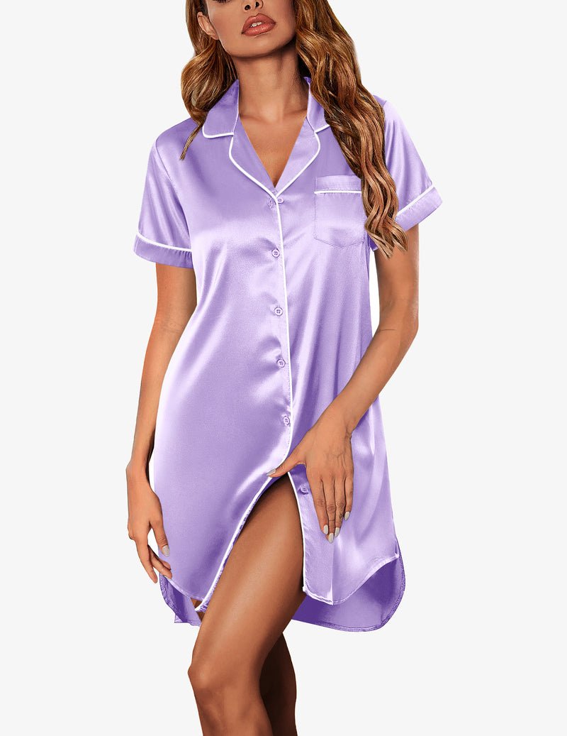 Light purple satin nightshirt, notch collar, short sleeves, button front, pocket