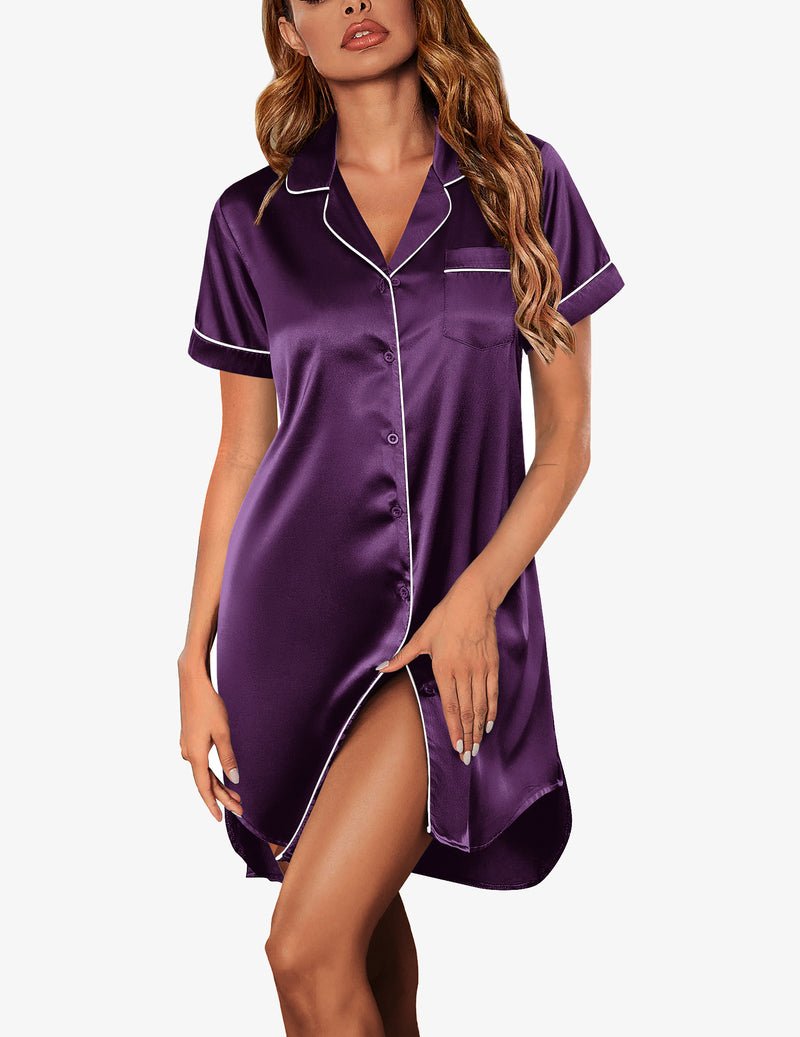 Purple satin notch-collar nightshirt, short sleeves, button front, side slit