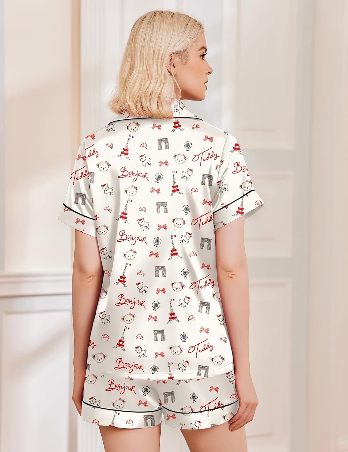 Teddy satin pajama shorts set, white button-down top from back with Bonjour teddy pattern