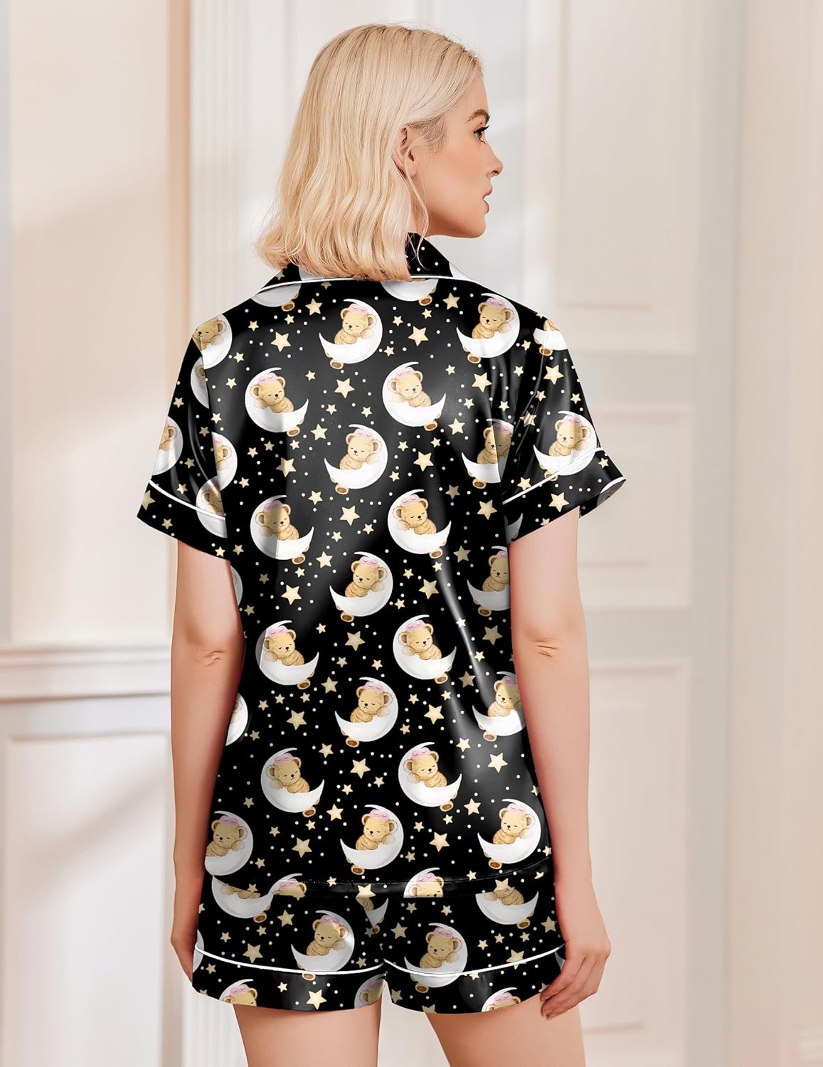 Black satin teddy-print button-down pajama shorts set