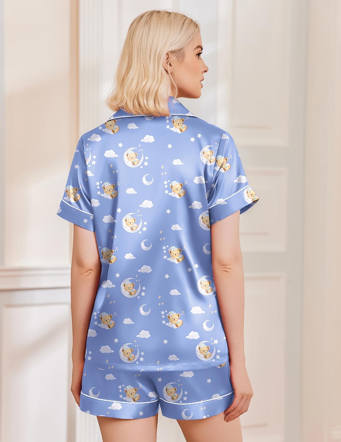 Blue satin teddy pajama set shorts, back view with all-over pattern