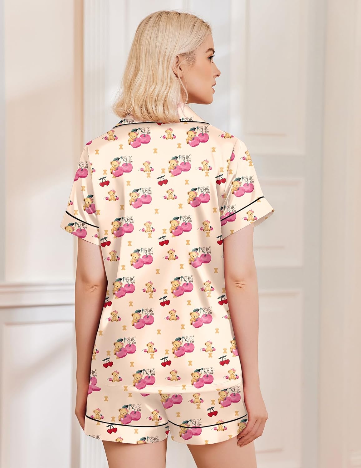 Cream satin pajama shorts set with teddy pattern, button-front blouse