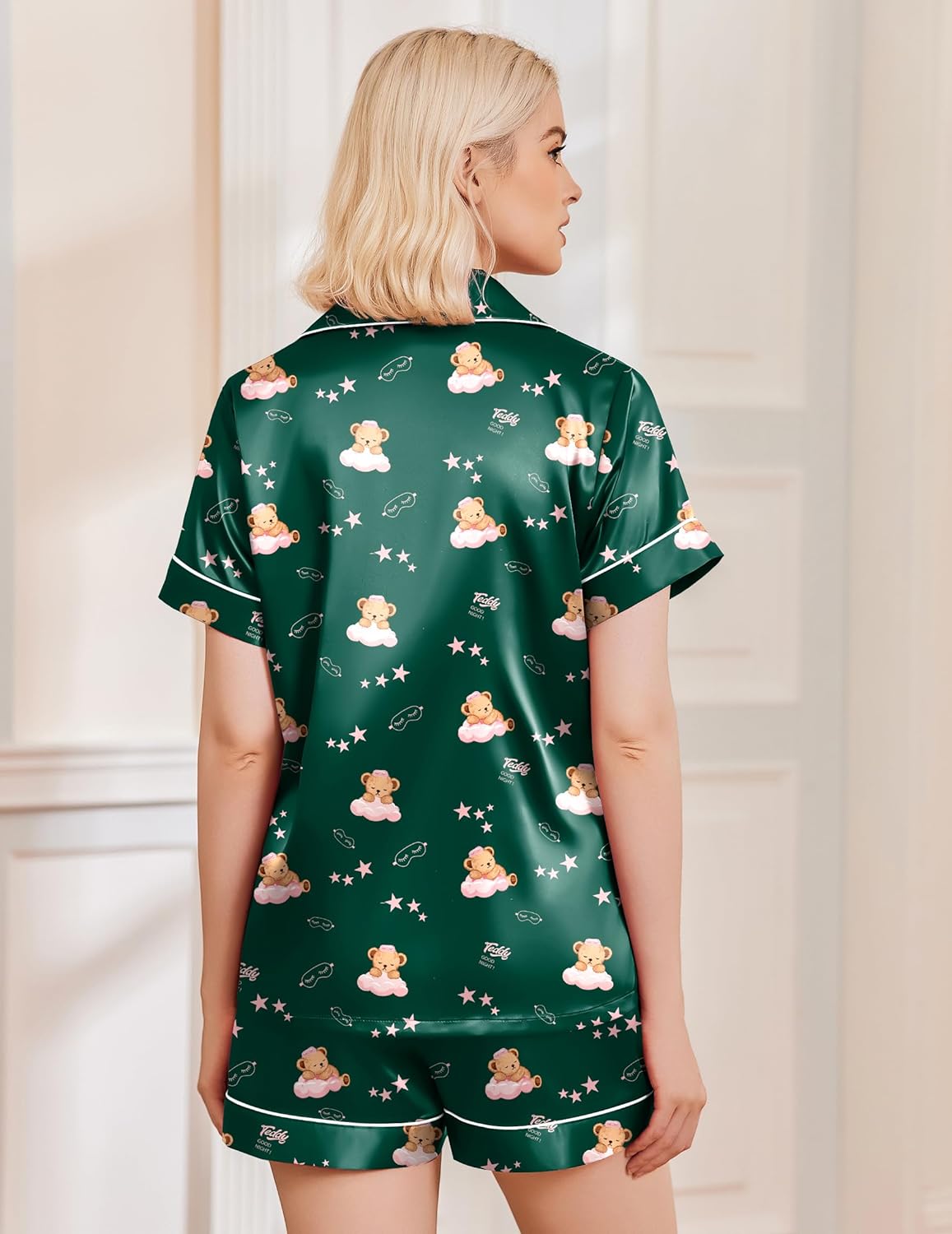 Dark green satin pajama set shorts, back view with all-over teddy and stars