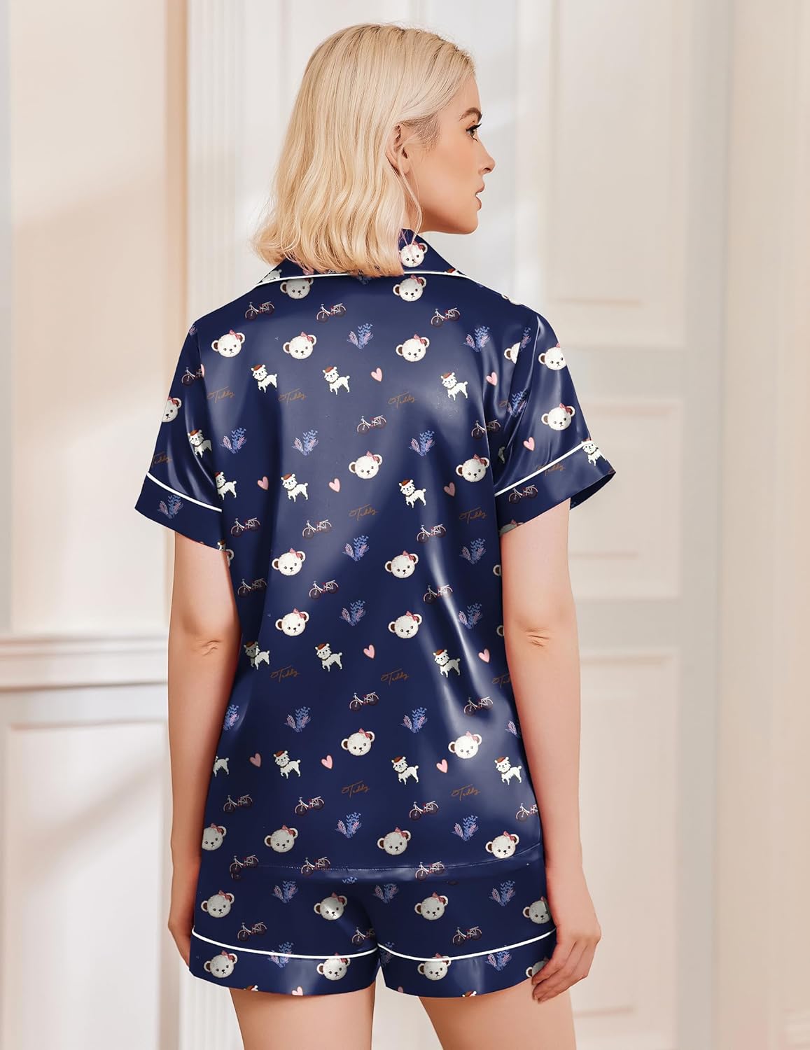 Teddy satin pajama shorts set, navy button-down top from back with teddy print shorts
