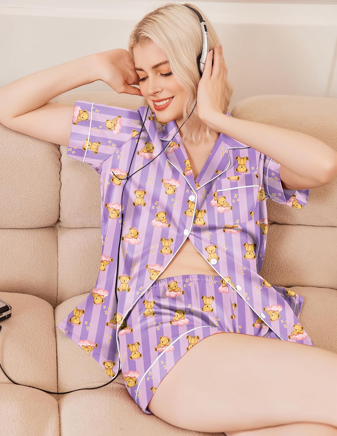 Lavender satin pajama shorts set with teddy bear stripes and button-front top