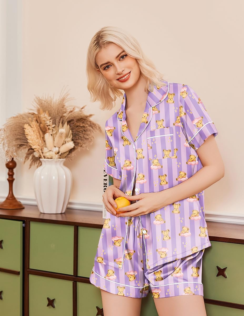Lavender satin button-down pajama set with teddy bears and shorts