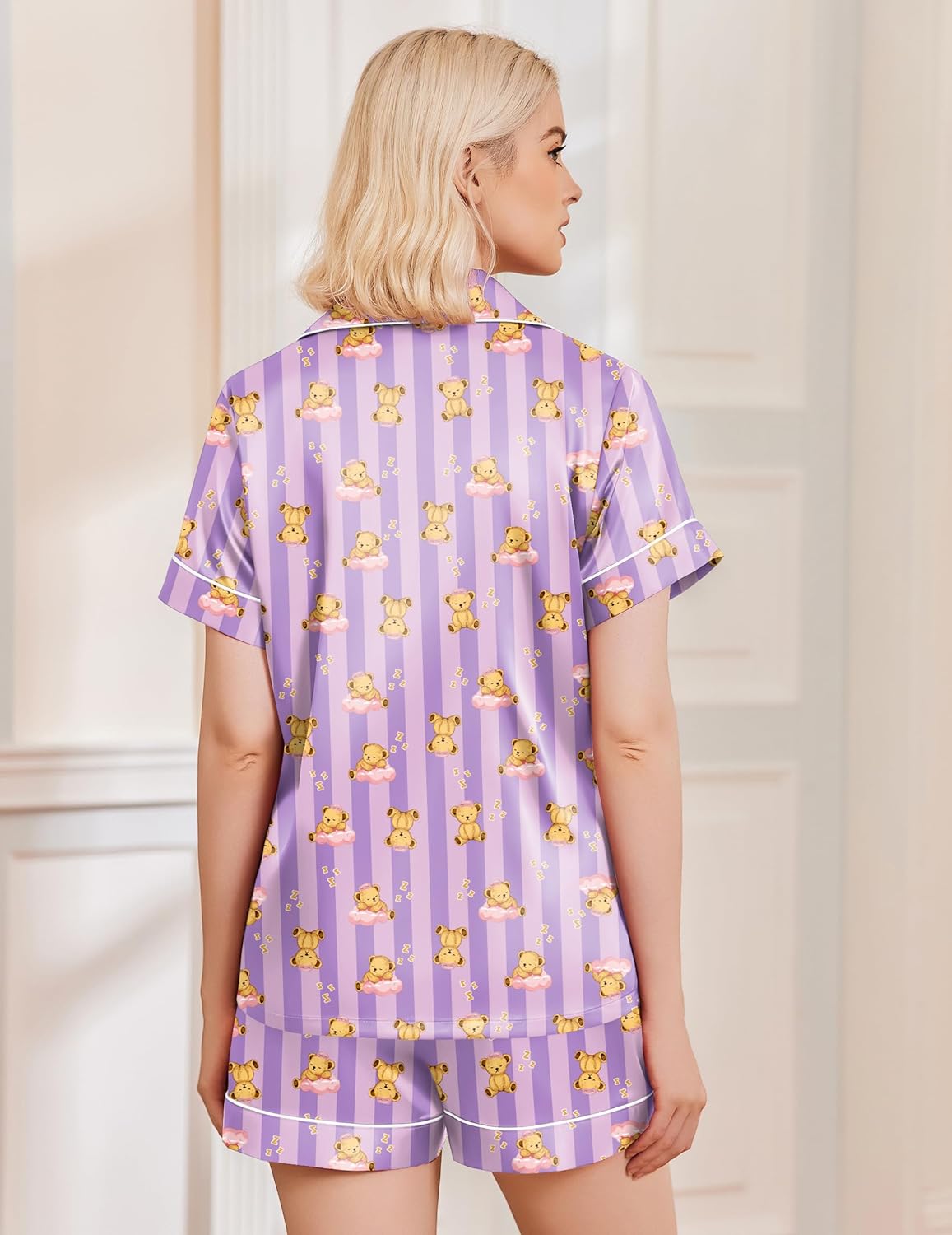 Lavender teddy-print satin pajama shorts set, button-front top